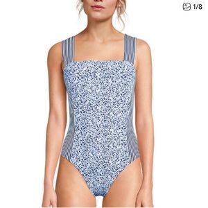 Lands End One Piece Swimsuit 16 Blue Floral Square Neck Tummy Control Classic